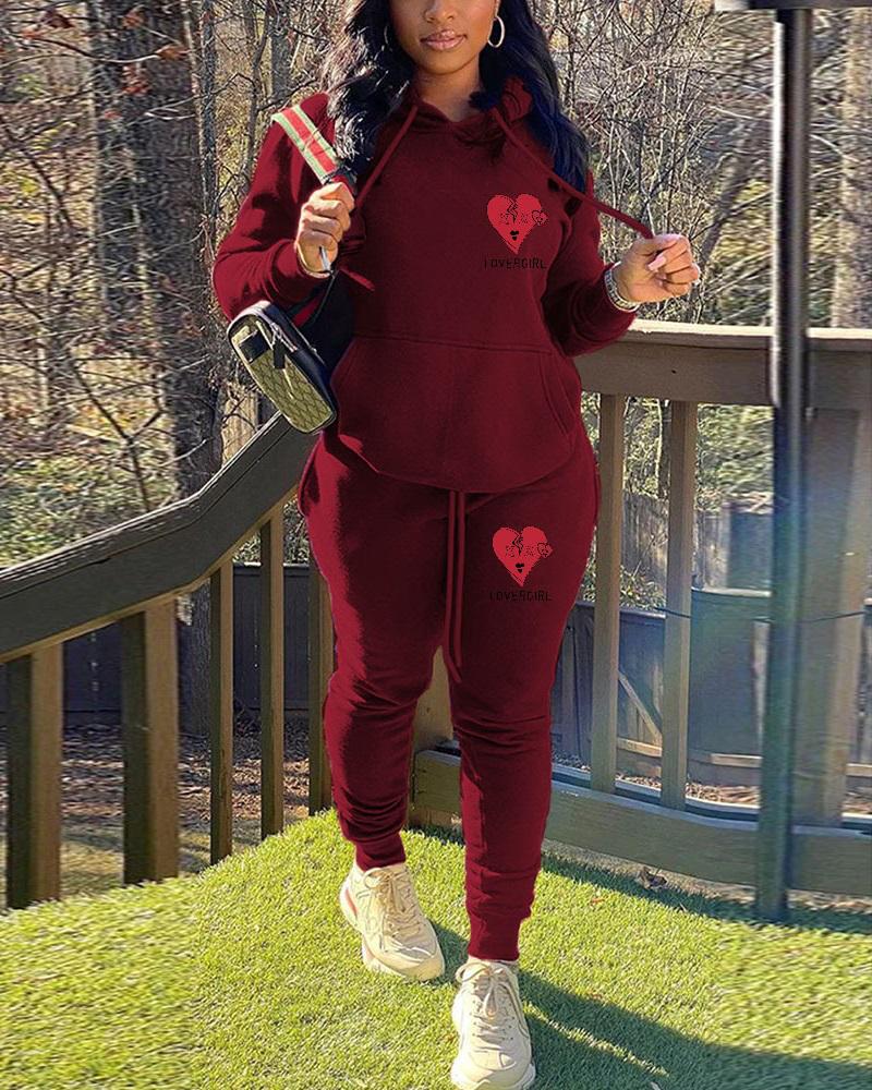 

Letter Heart Print Long Sleeve Hoodie & Pants Set, Wine red