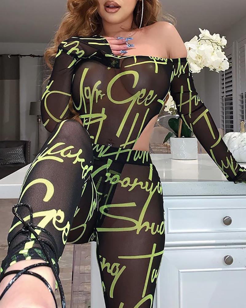 

Cutout Design Letter Print Off Shoulder Jumpsuit, Black