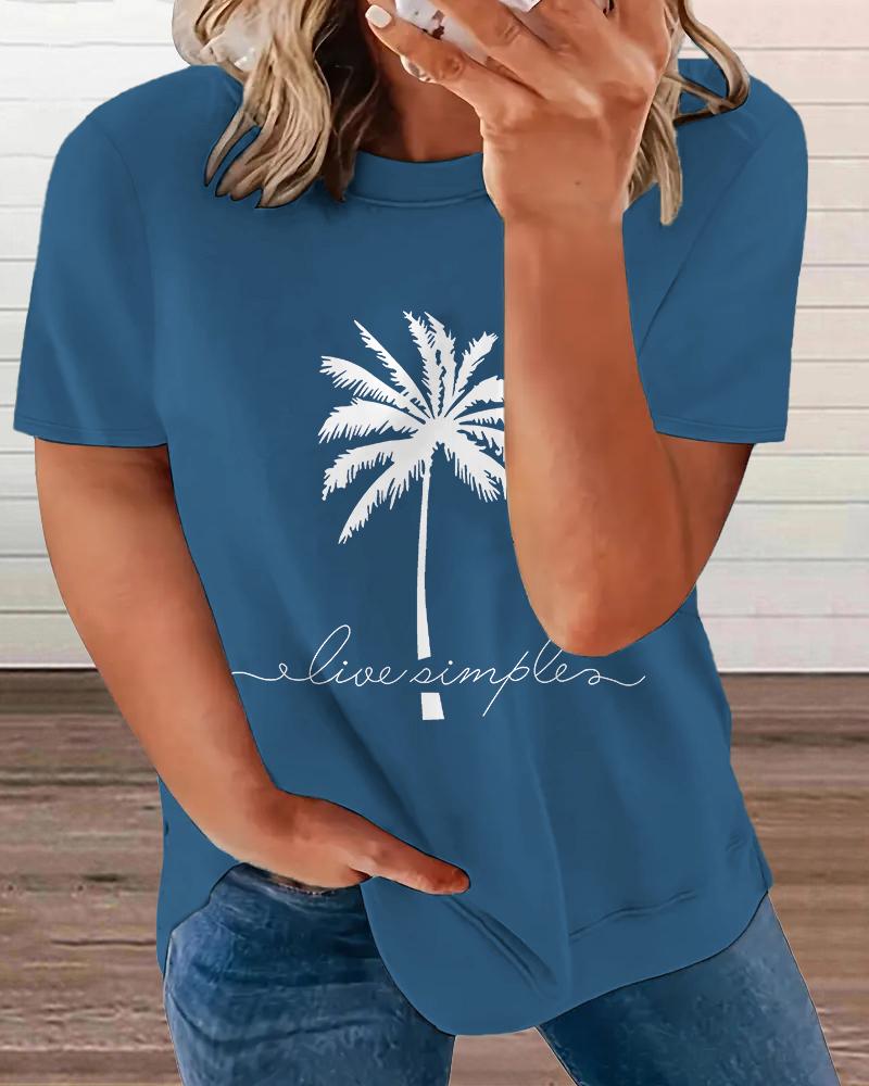 

Plus Size Coconut Tree Live Simple Print Casual T-Shirt, Blue