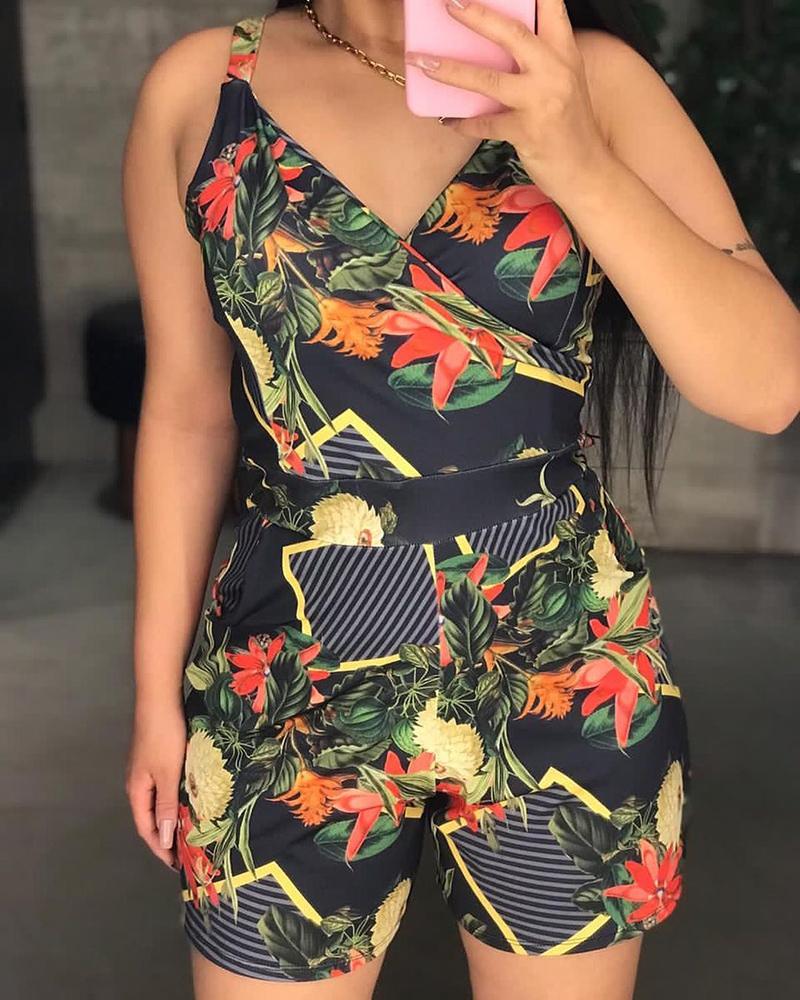 

Striped Tropical Print Sleeveless Romper, Black