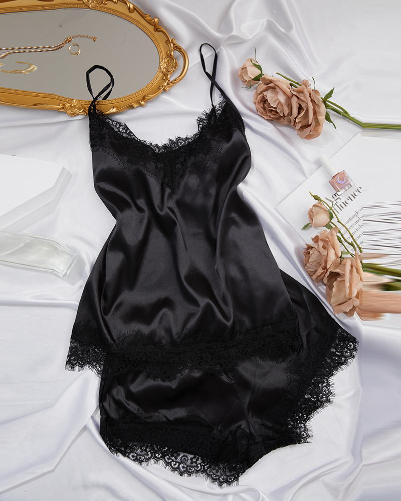 

Satin Eyelash Crochet Lace Bowknot Decor Cami Set, Black