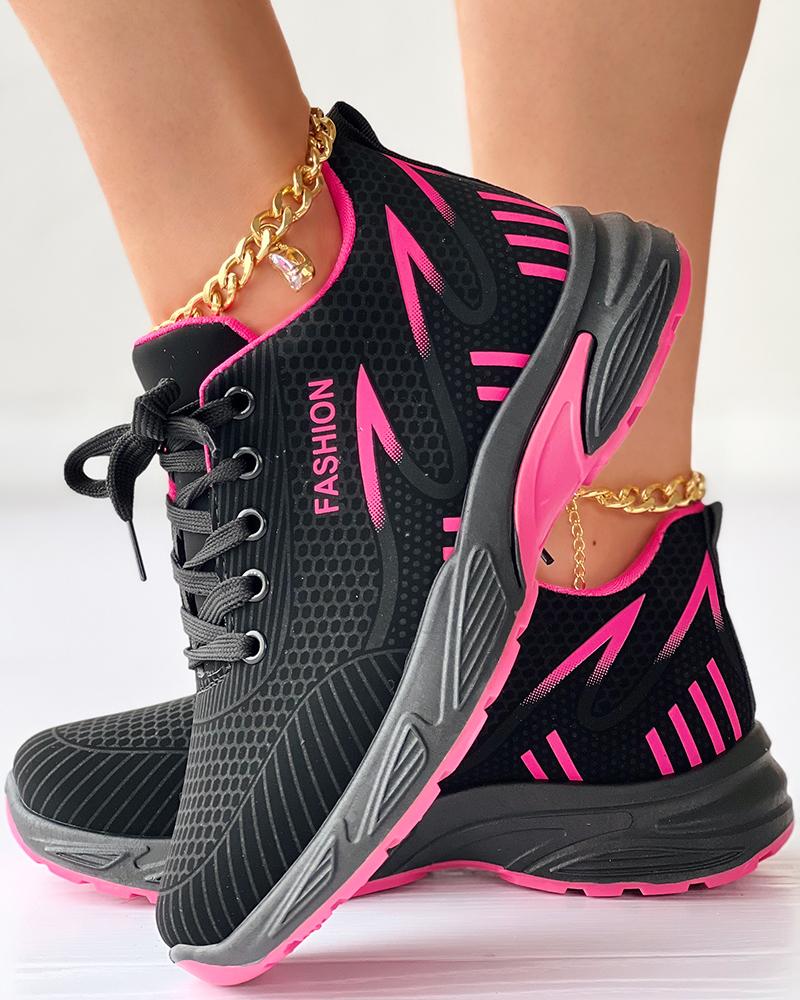 

Contrast Paneled Lace-up Breathable Sneakers, Black&rose red