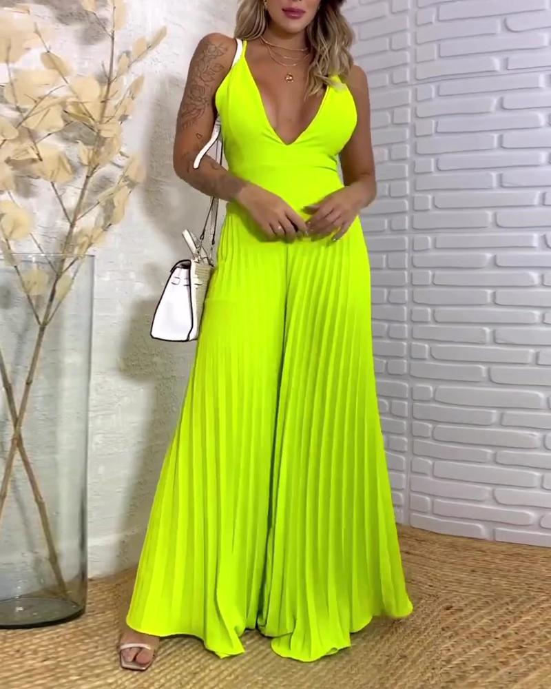 

Plunge Sleeveless Pleated Wide Leg Jumpsuit, Neon