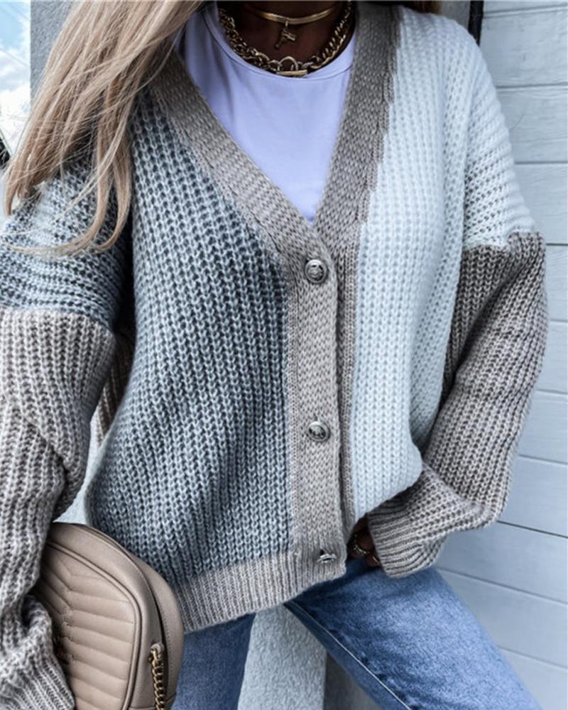 

Color Block Drop Shoulder Button Front Chunky Knit Cardigan, Gray