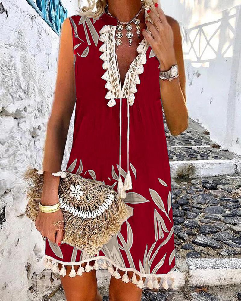 

Plants Print Tassel Decor Sleeveless Casual Dress, Red