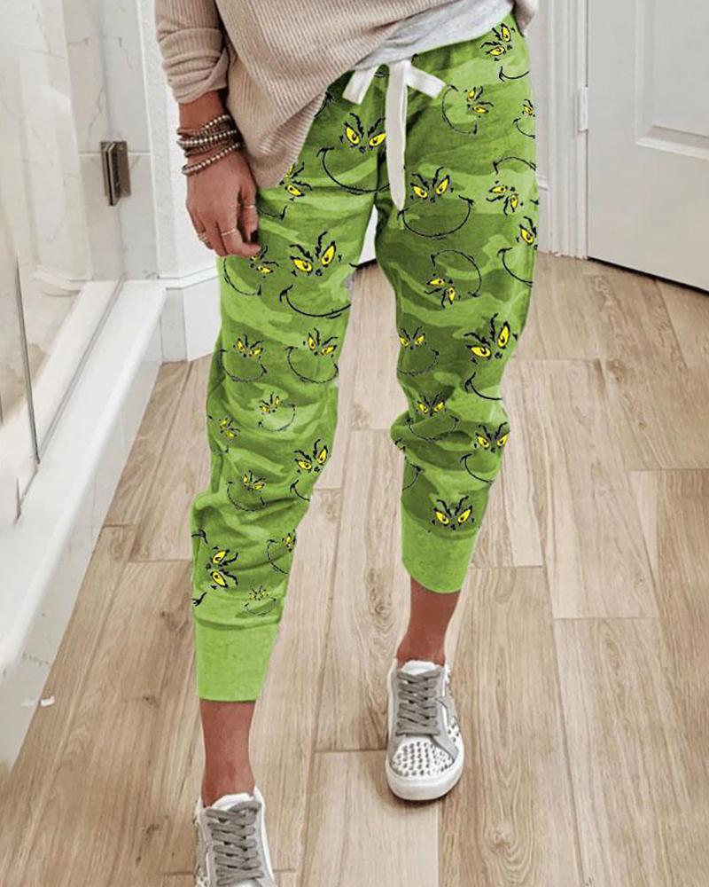 

Christmas Drawstring Grinches Print High Waist Pants, Green