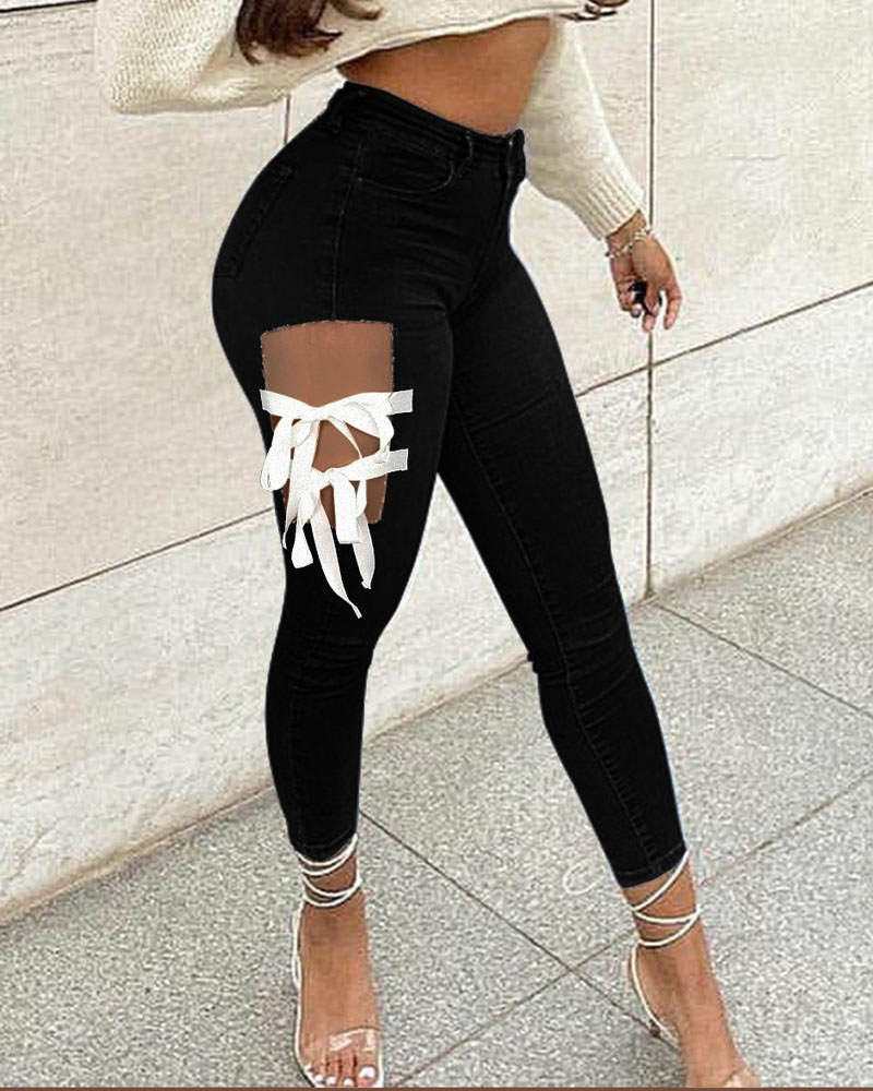 

Plus Size Zipper Fly Cutout Tied Detail Skinny Jeans, Black