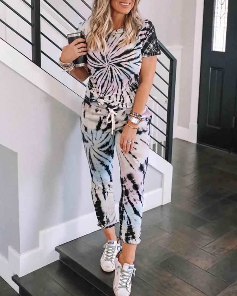 

Tie Dye Print Casual Top & Drawstring Pant Set, Black