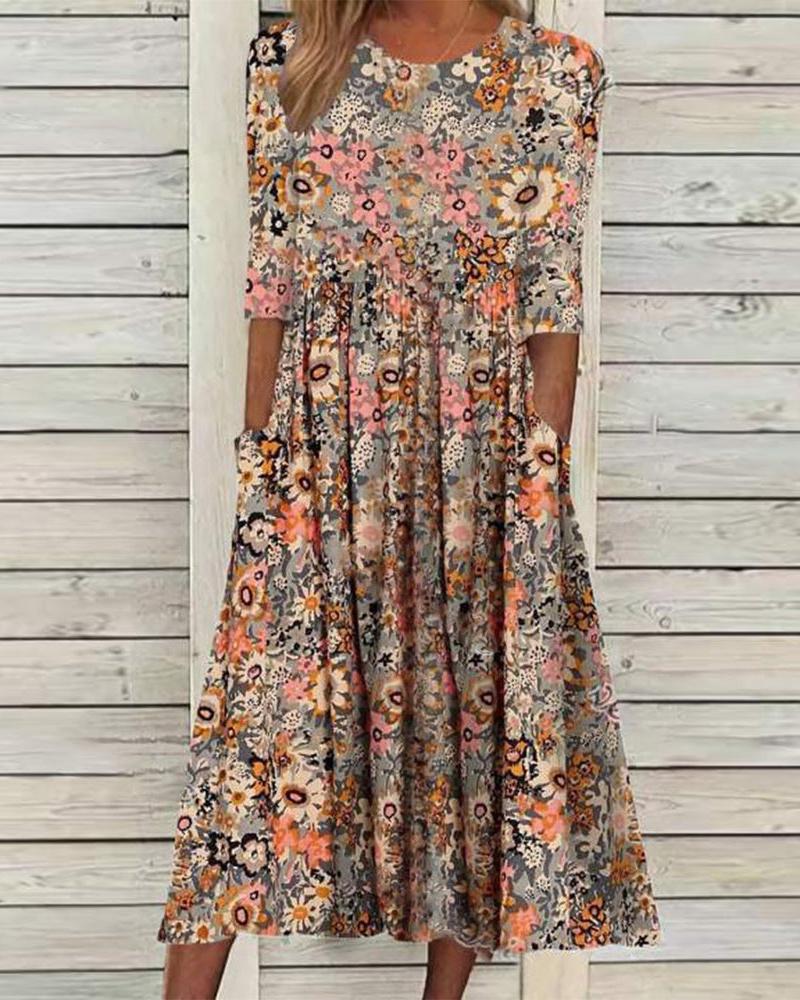 

Allover Print Ruched Pocket Design Casual Dress, Multicolor
