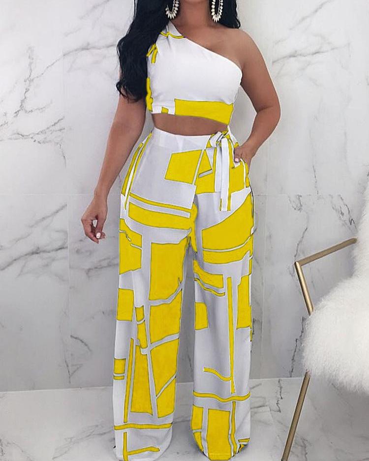 

Colorblock One Shoulder Crop Top & Wide Leg Pants Set, Yellow