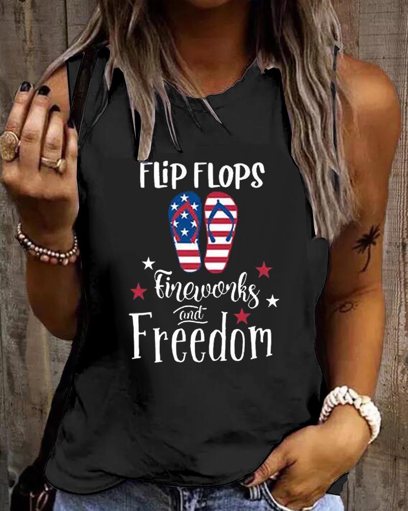 

Independence Day Flag Flip Flops Fireworks And Freedom Print Racer Back Tank Top, Black