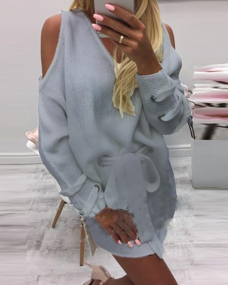 

Cold Shoulder Slit Eyelet Lace-up Dress, Gray