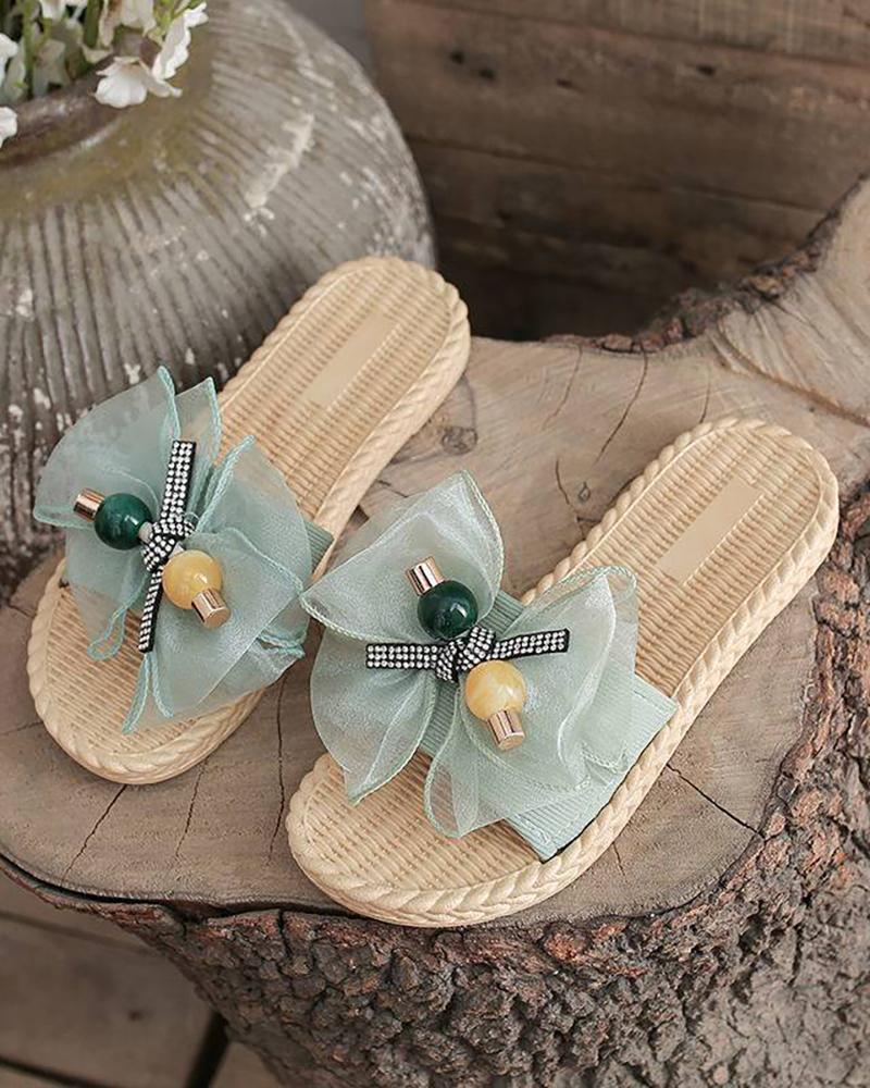 

Rhinestone Sheer Mesh Bowknot Decor Slippers, Green