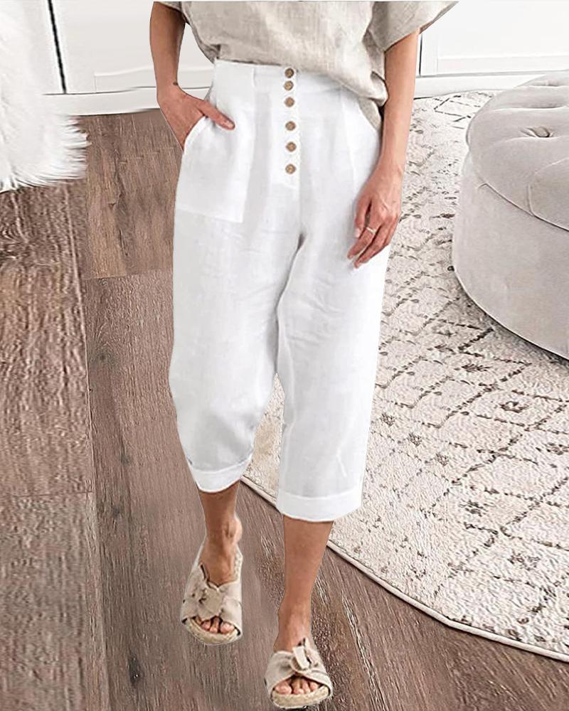 

Pocket Design Buttoned Capris Pants, White