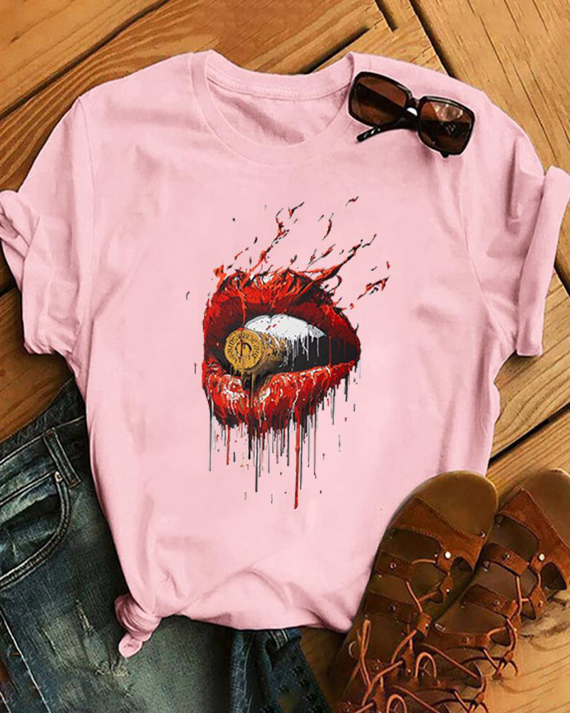 

Rouge Lips Print Short Sleeve Loose T-shirts, Pink