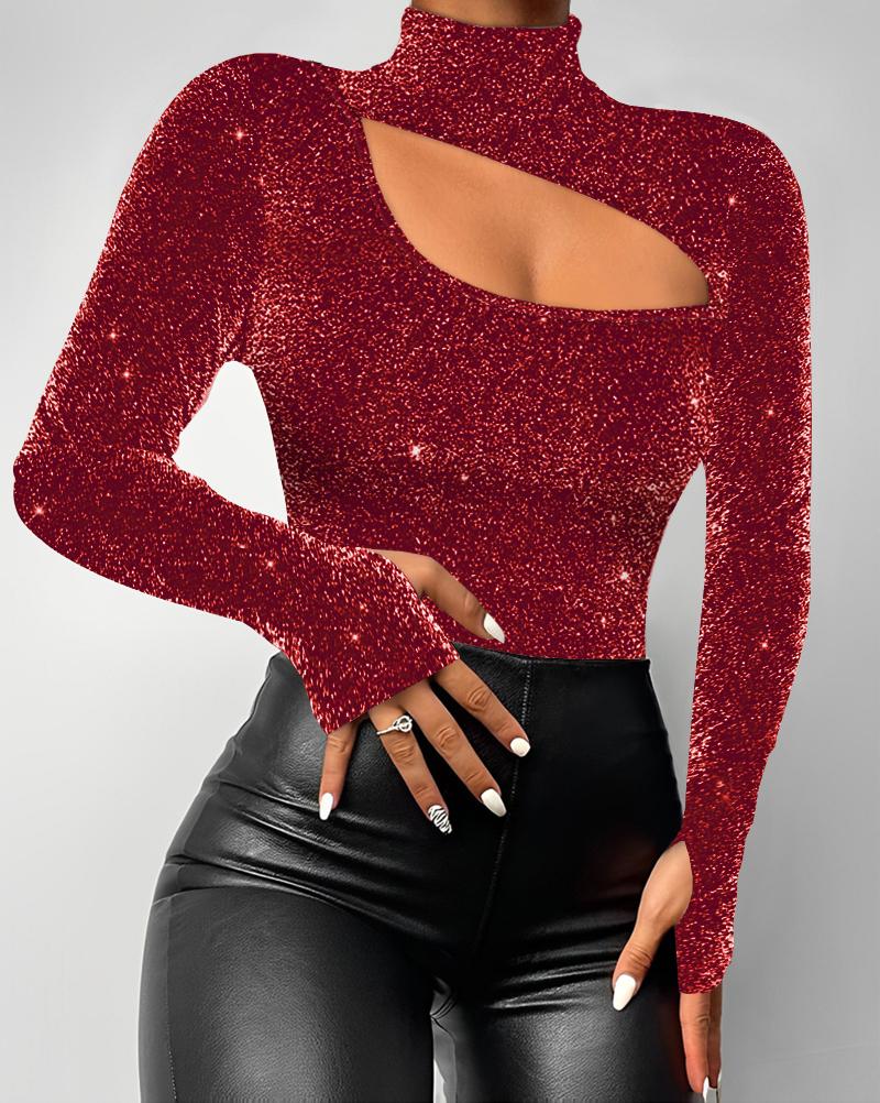 

Cutout Glitter Mock Neck Top, Red