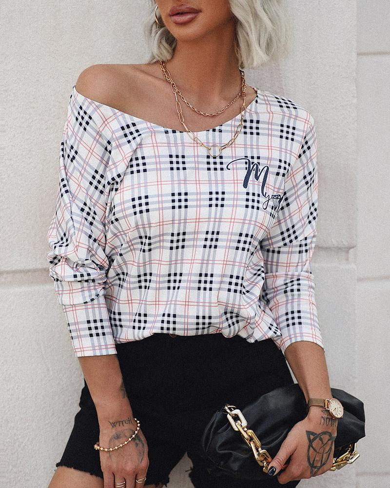 

Plaid Print V-Neck Long Sleeve Top, Style1