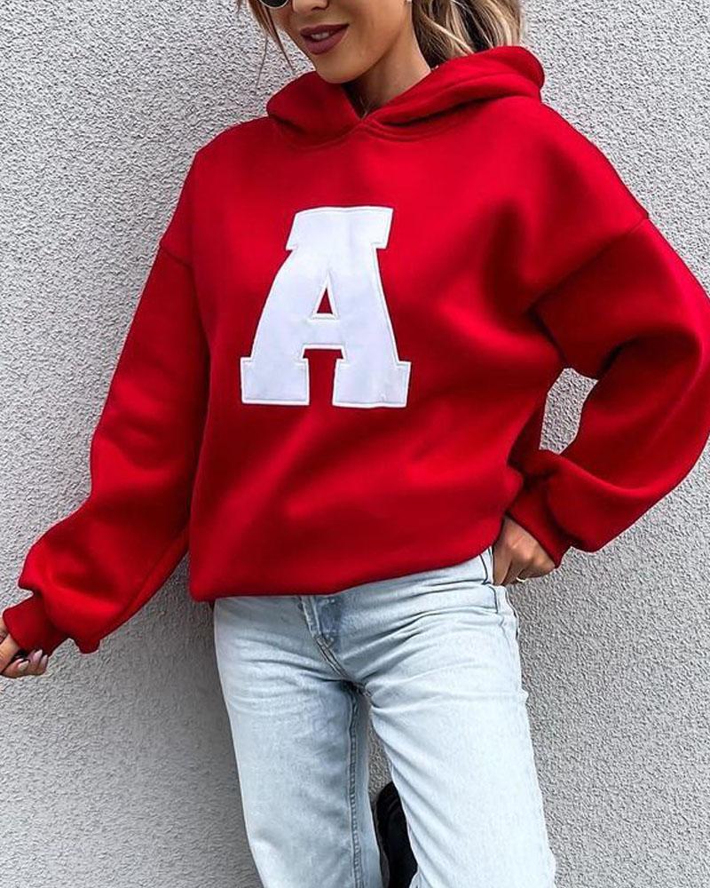 

Letter Embroidery Drop Shoulder Hoodie, Red