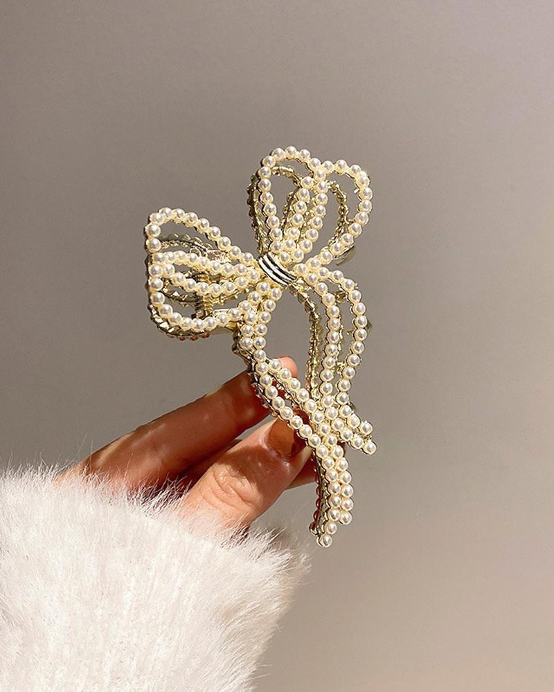 

1pc Rhinestone Pearls Bow Shaped Hair Claw, Style3