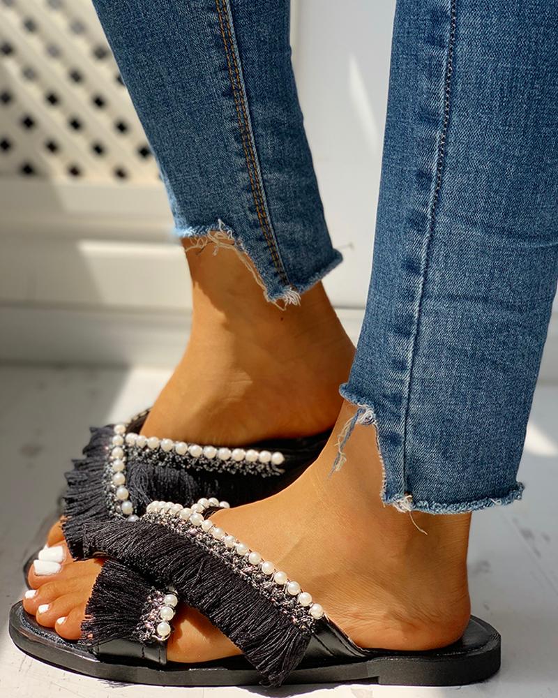 

Beaded Tassel Design Casual Sandals, Black