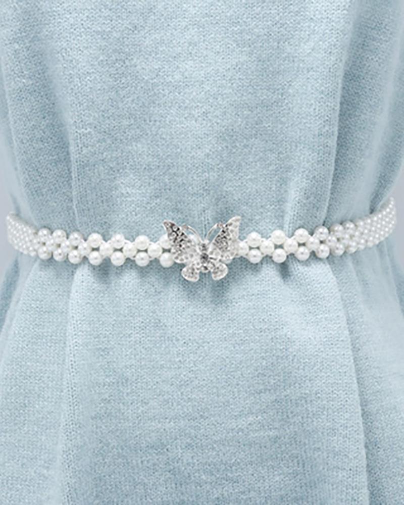 

Studded Butterfly Pattern Beaded Belt, Silver