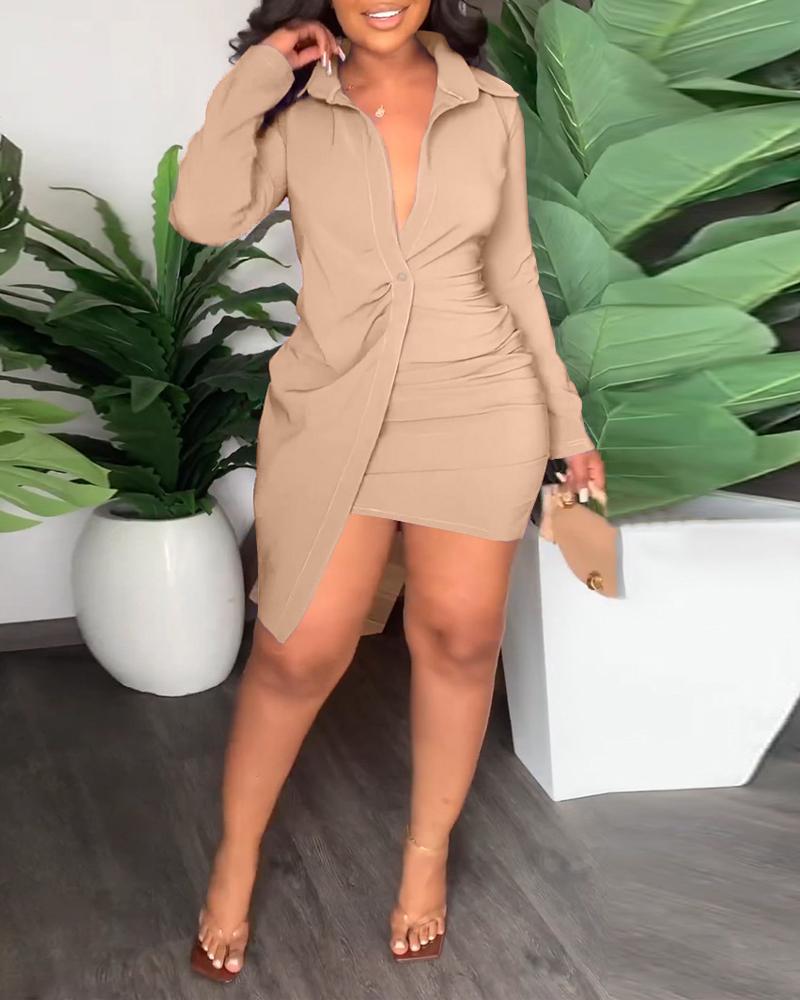 

Long Sleeve Asymmetrical Shirt Dress, Khaki