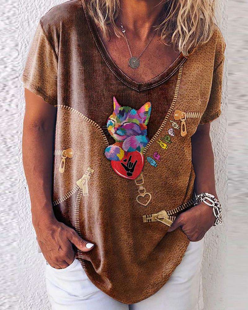 

Cartoon Print Short Sleeve T-shirt, Coffee