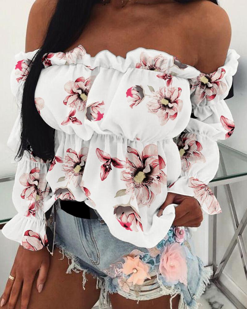 

Floral Print Frill Hem Off Shoulder Top, White