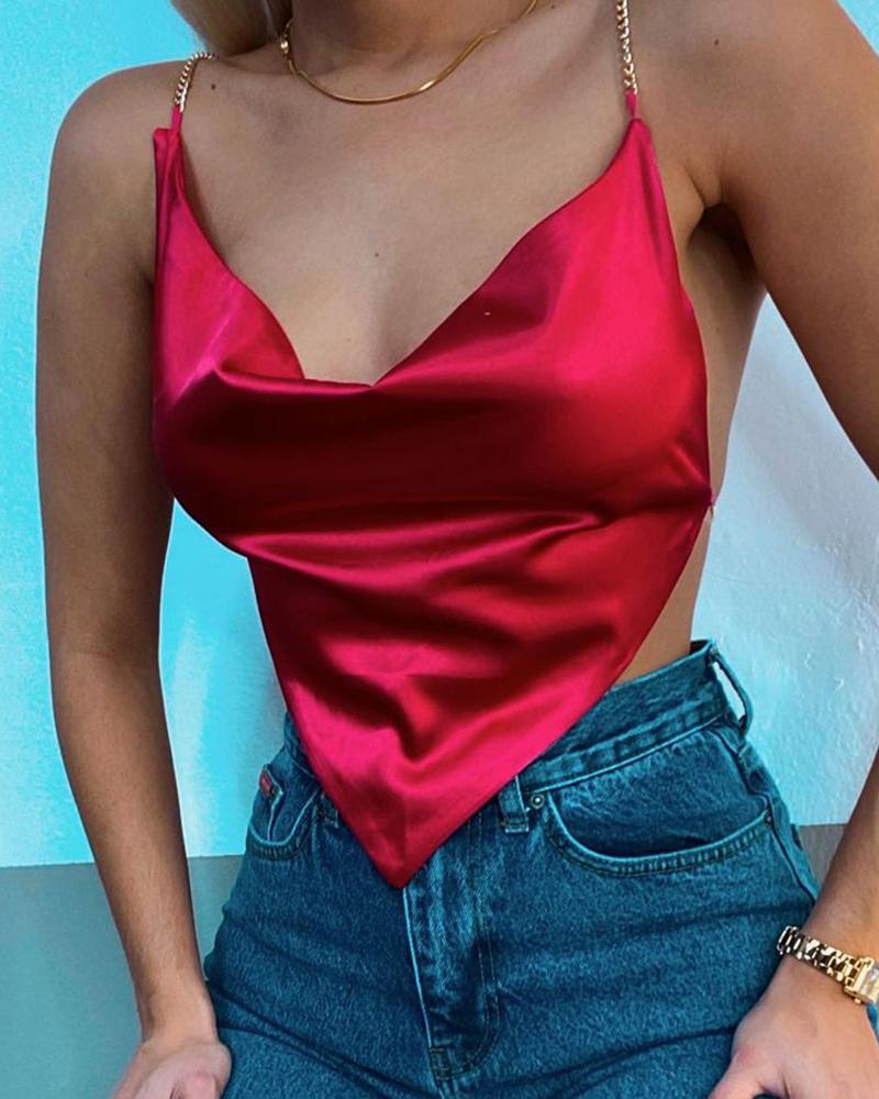 

Chain Strap Cowl Neck Satin Handkerchief Top, Red