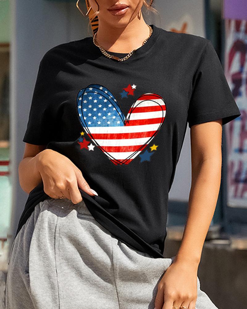 

Independence Day Flag Heart Print Casual T-shirt, Black