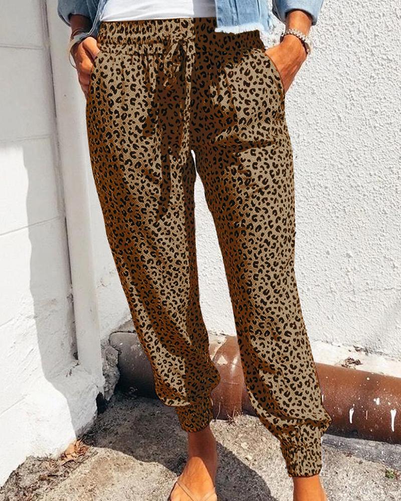 

High Waist Leopard Print Drawstring Pants, Brown