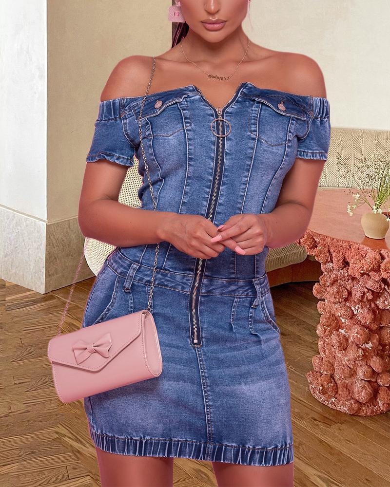 

Off Shoulder Zipper Front Washed Denim Dress, Blue