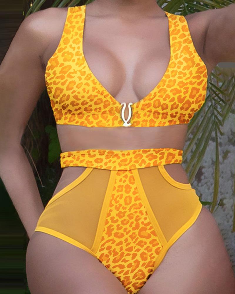 

Leopard Print Sheer Mesh Cutout Bikini Set, Yellow