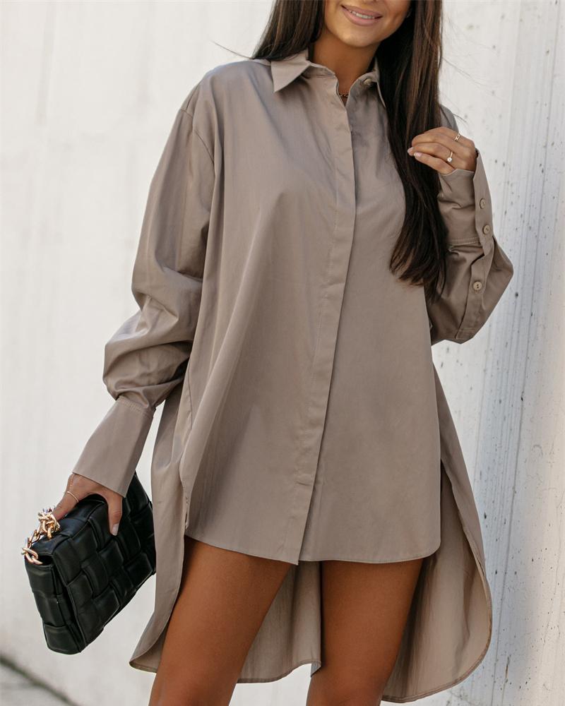 

Long Sleeve Dip Hem Casual Shirt, Khaki