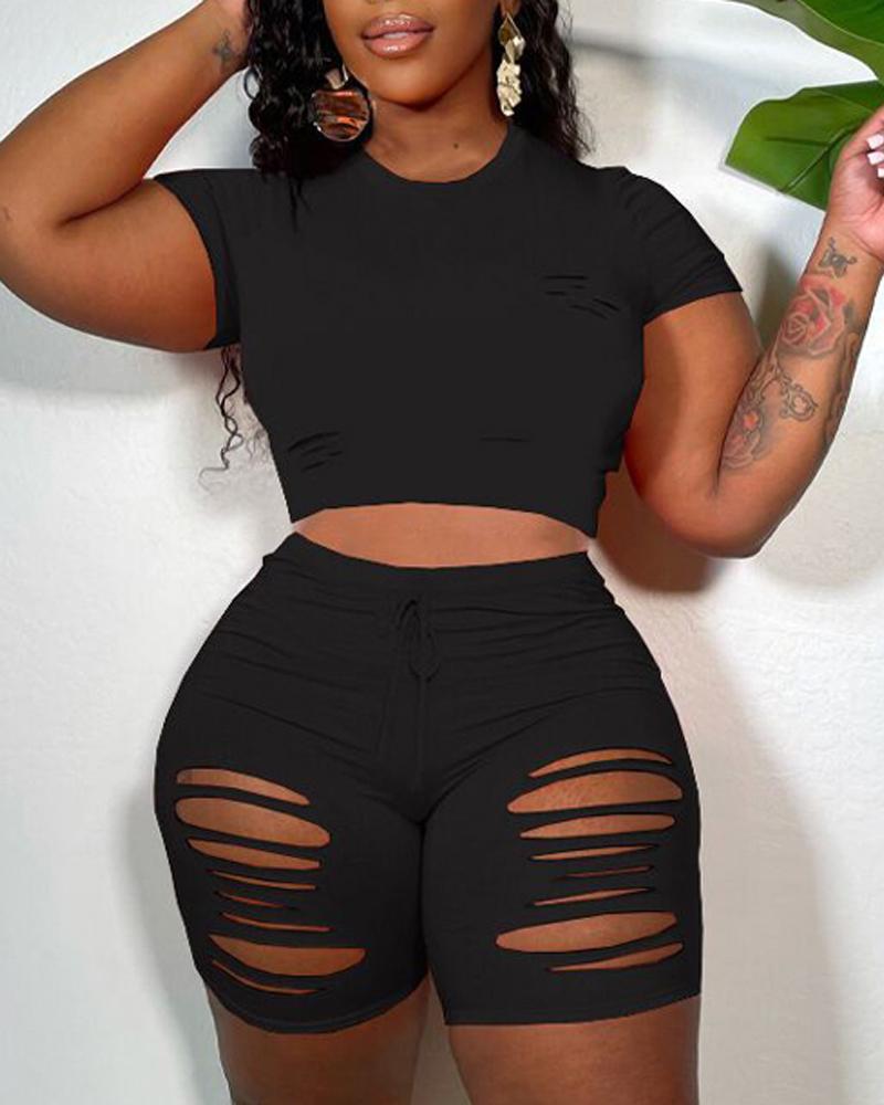 

Cutout Crop Top & Drawstring Shorts Set, Black