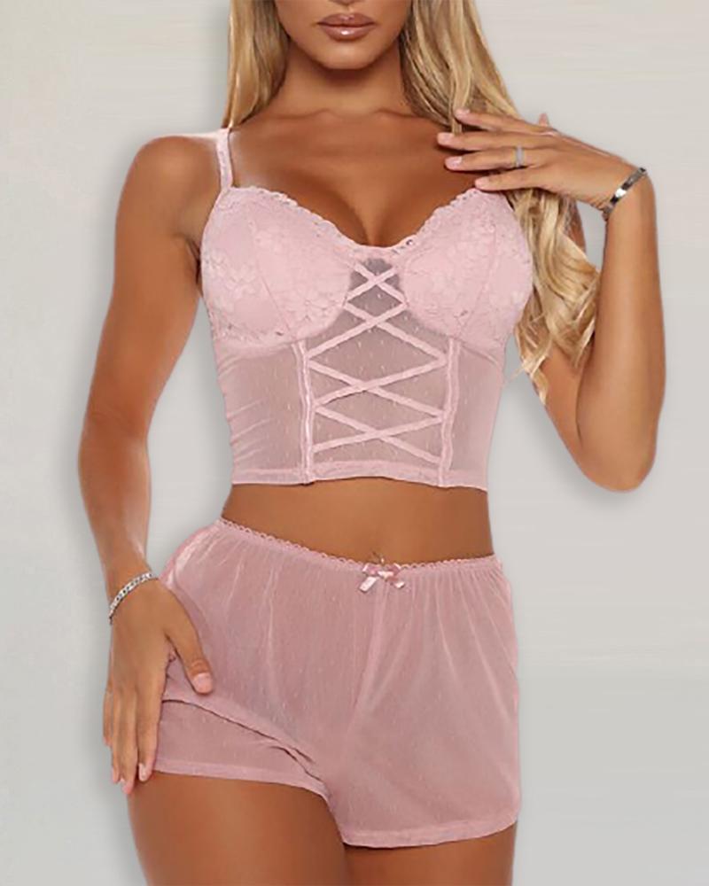 

Plain Lace Trim Sheer Mesh Cami Set, Pink