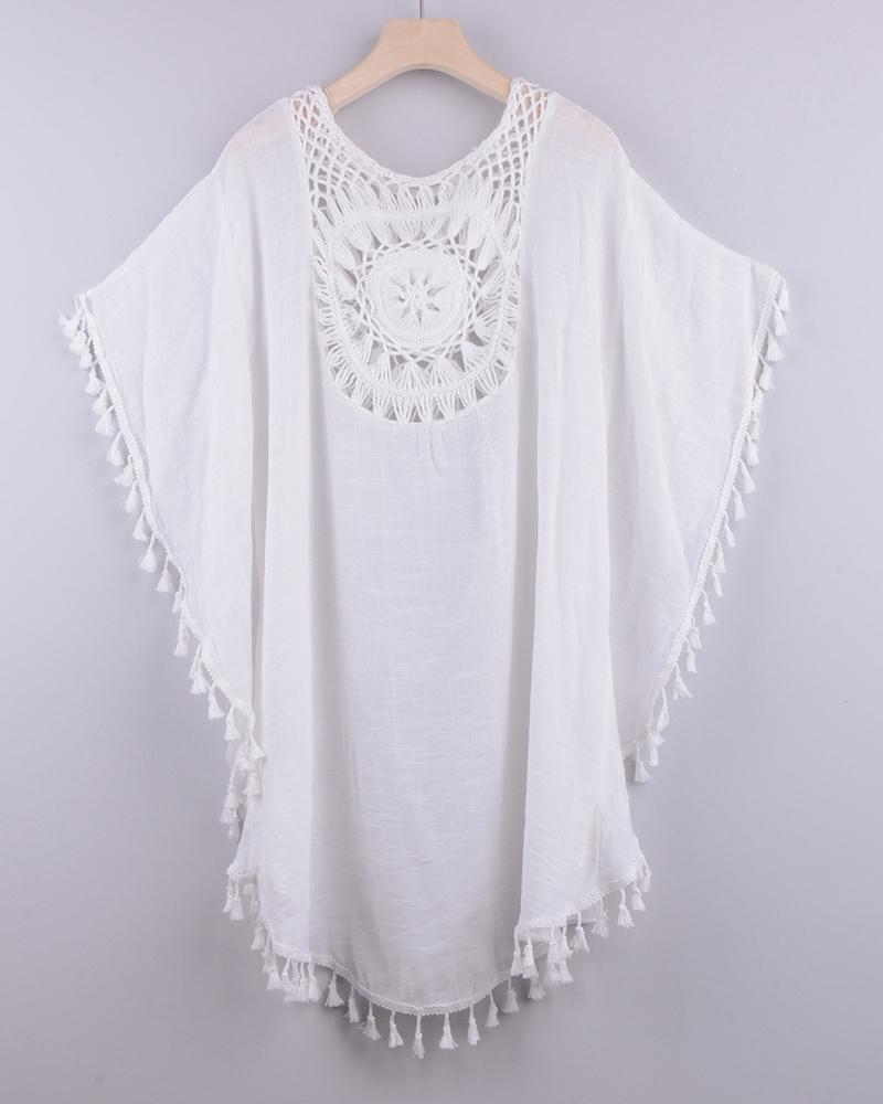 

Cutout Tassel Design Batwing Sleeve Cover Up Dress, White