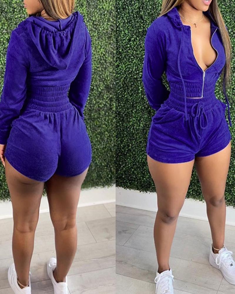 

Zip Up Drawstring Hoodie & Pocket Detail Shorts Set, Blue