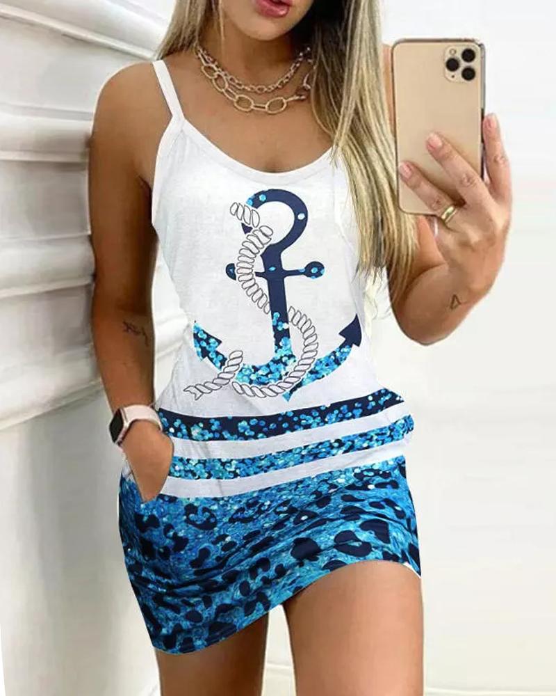 

Anchor Leopard Print V-Neck Casual Dress, Blue