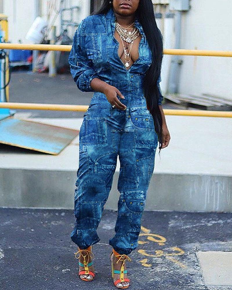 

Plus Size Denim Look Print Zip Front Jumpsuit, Blue