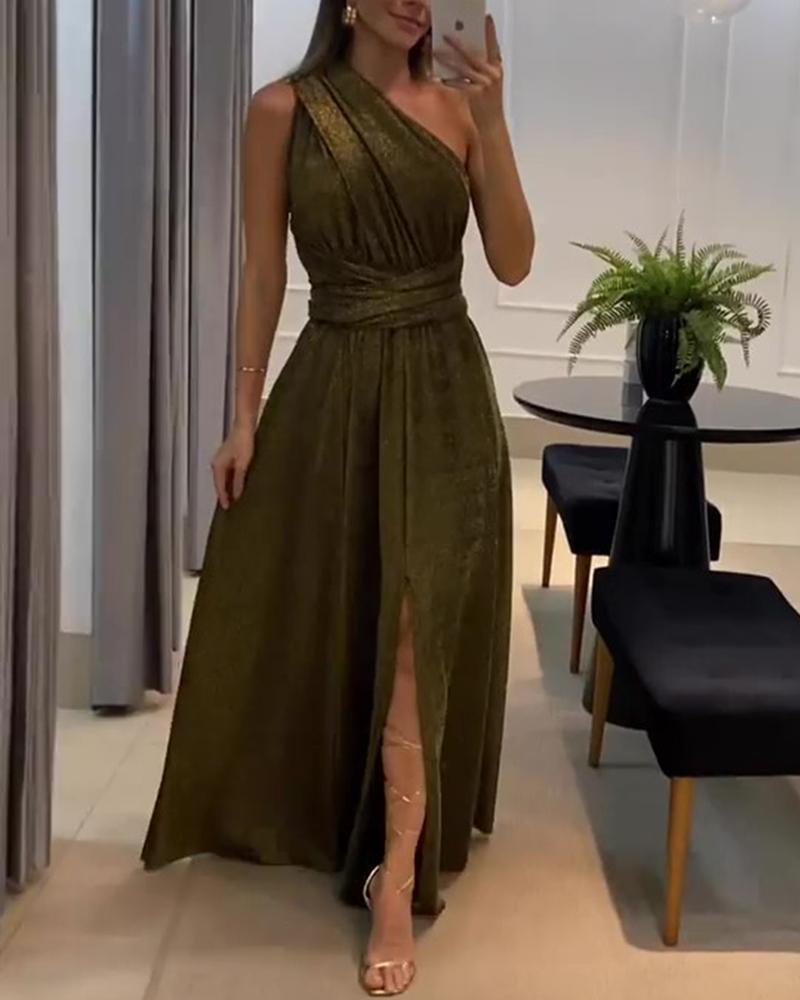 

Glitter One Shoulder Slit Evening Dress, Brown
