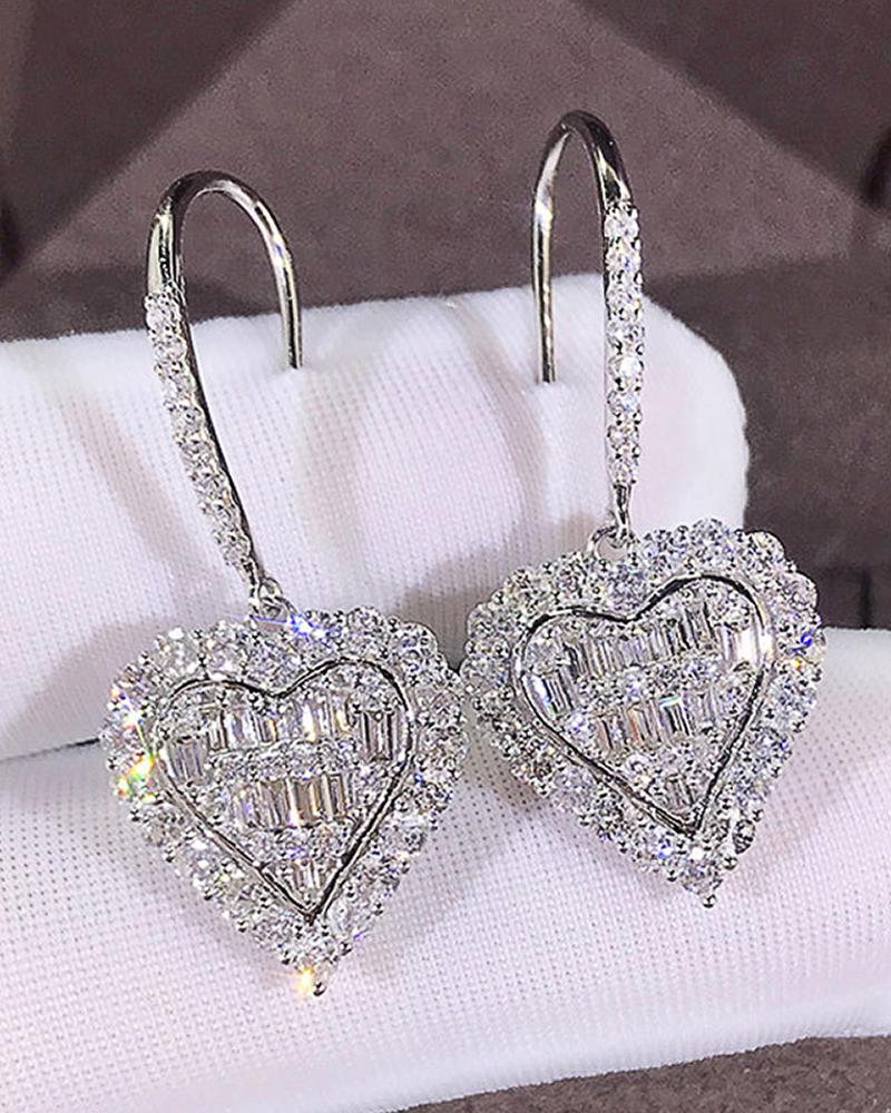 

1Pair Heart Shaped Rhinestone Drop Earrings, Silver
