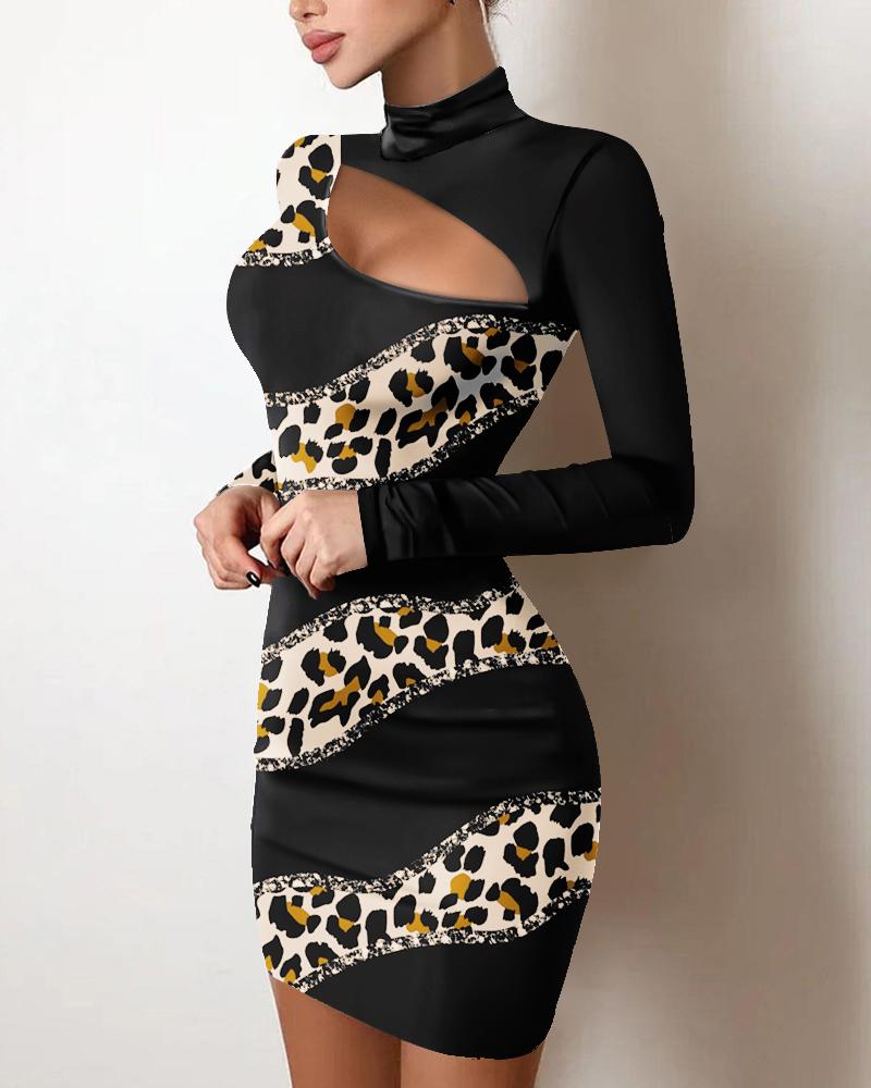 

Leopard Print Cutout Front Bodycon Dress, Black
