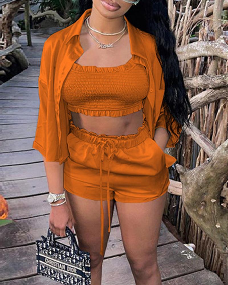 

Elastic Pleated Rib-knit Button Front Commuter Style 3PCS Sets, Orange