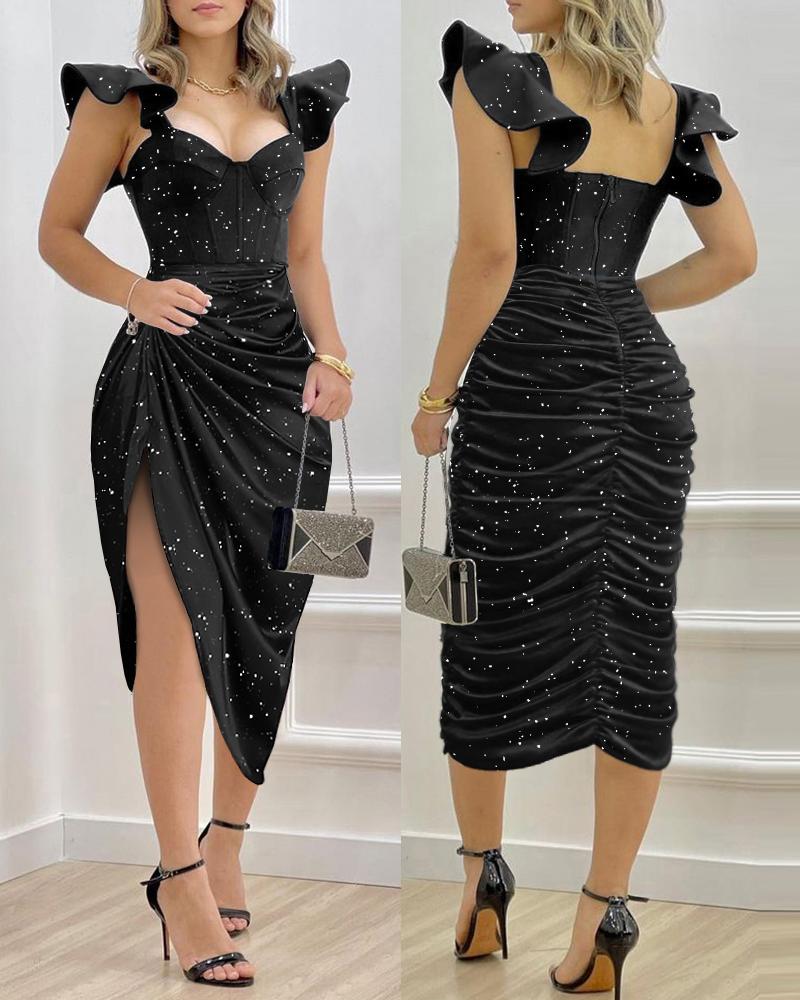 

Glitter Split Thigh Ruched Bodycon Dress, Black