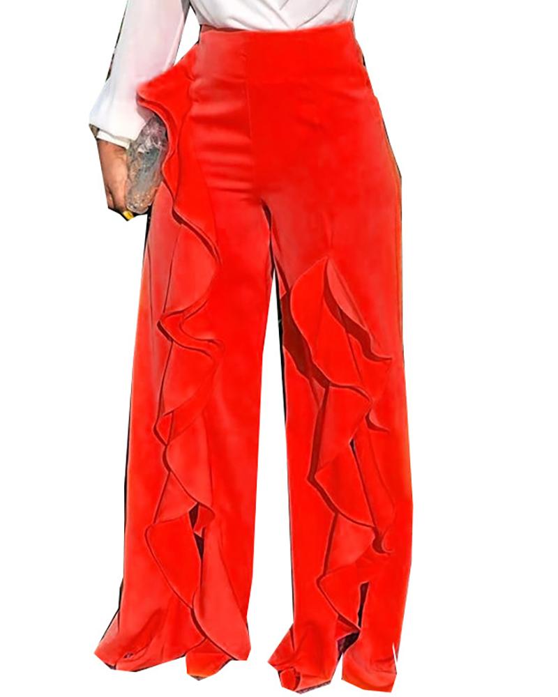 

High Waist Ruffles Wide Legs Slit Casual Pants, Red