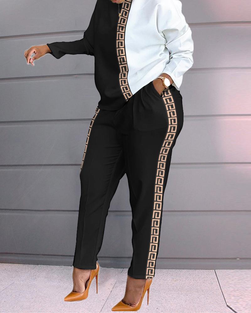 

Plus Size Geometric Trim Colorblock Long Sleeve Top & Pants Set, Blackwhite