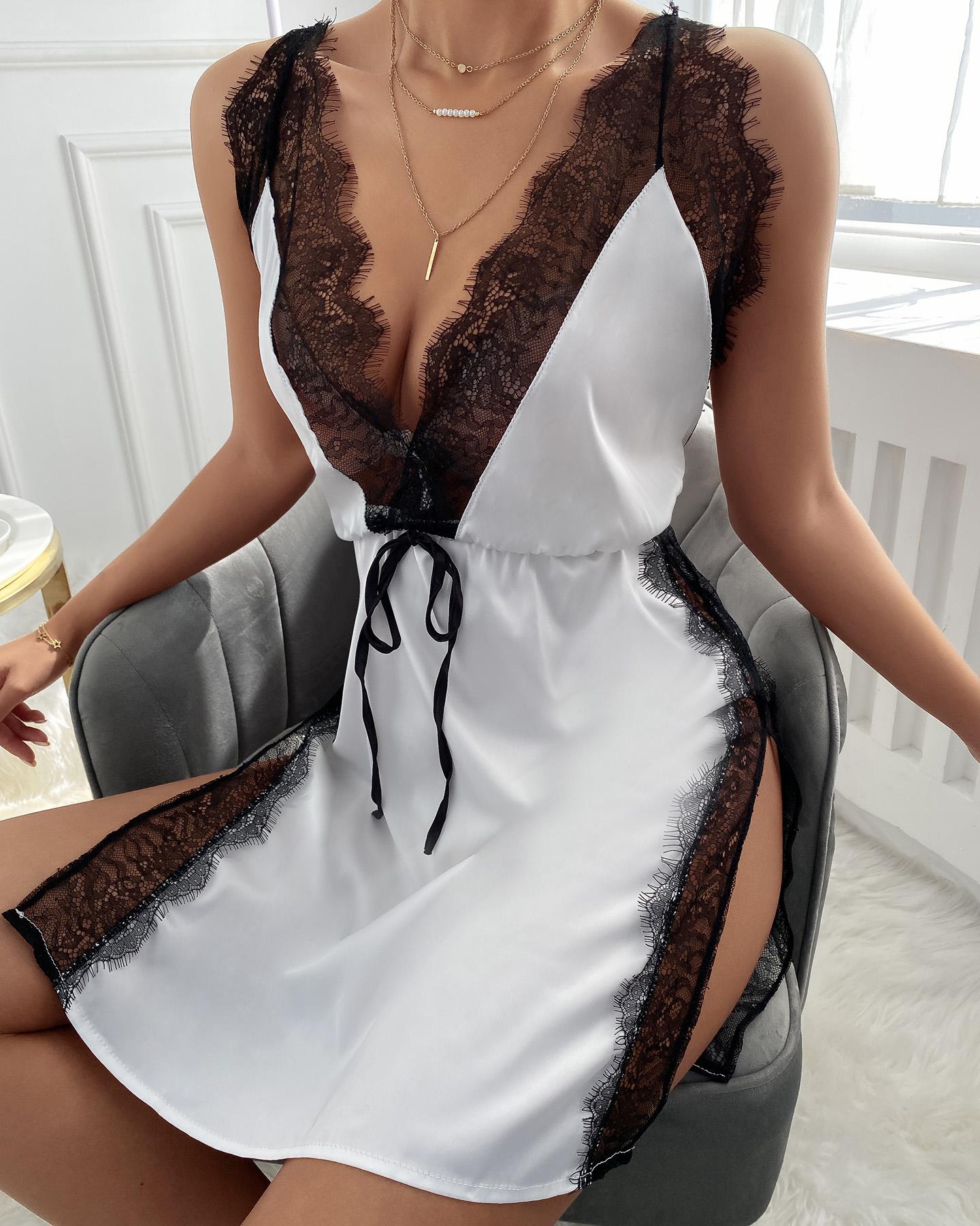 

Eyelash Lace Satin Crisscross Backless Slip Dress, Black&white