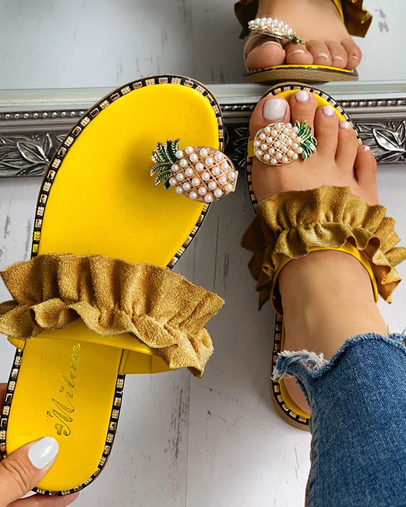 

Pineapple Pattern Toe Ring Frill Hem Casual Flip Flops, Yellow