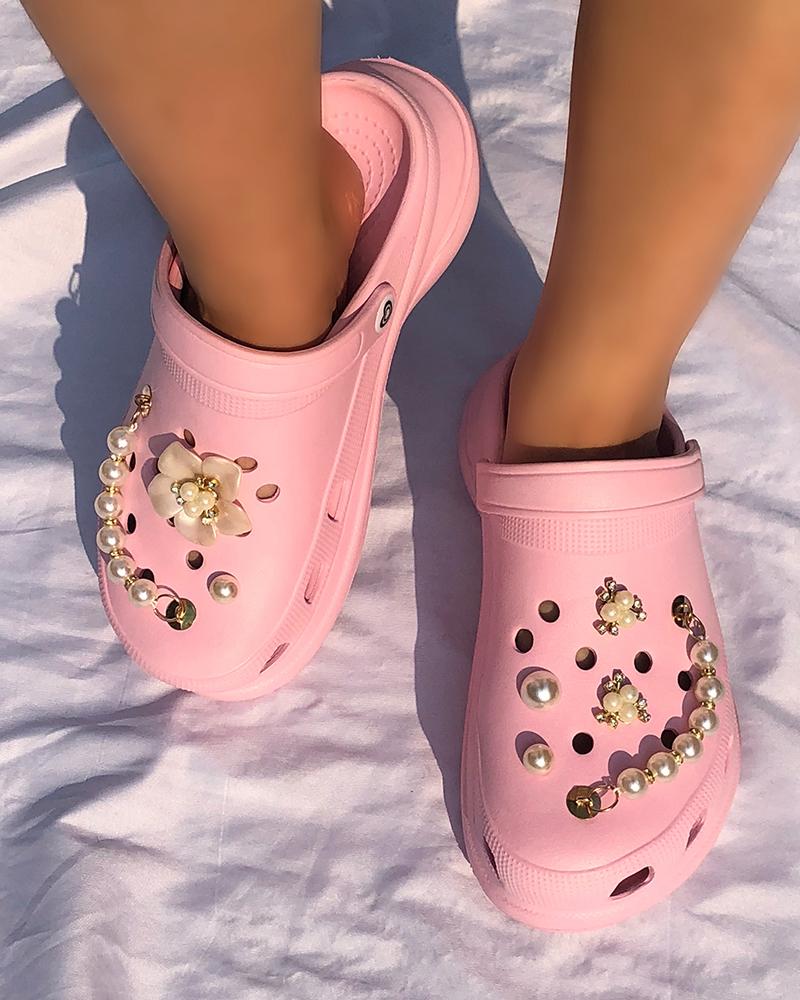 

Hollow Out Floral Beaded Chain Pattern Lined Clogs, Pink